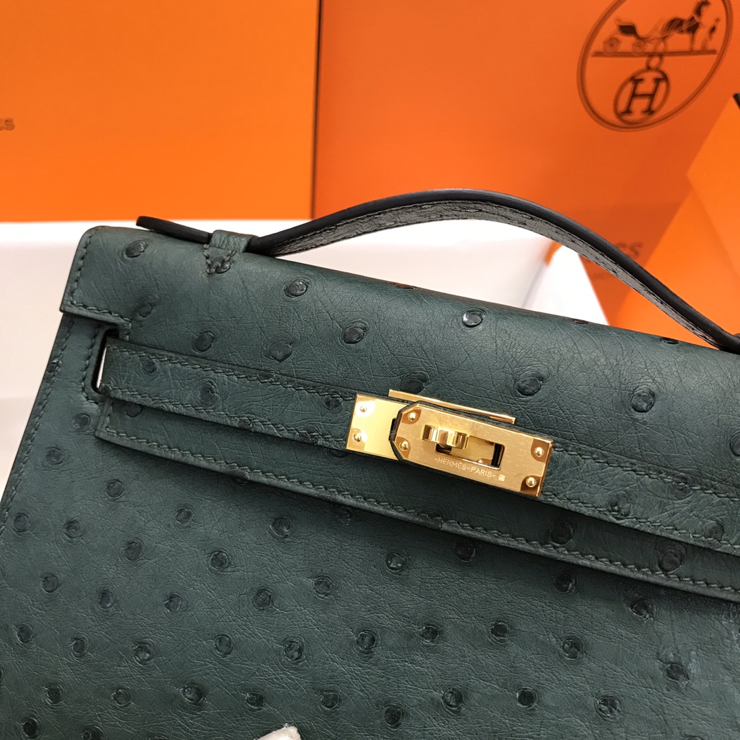 Hermes Mini Kelly Pochette 22cm Bag In Deep Green Ostrich Leather